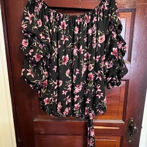 CeCe Black Off-Shoulder Blouse with Pink Floral Print